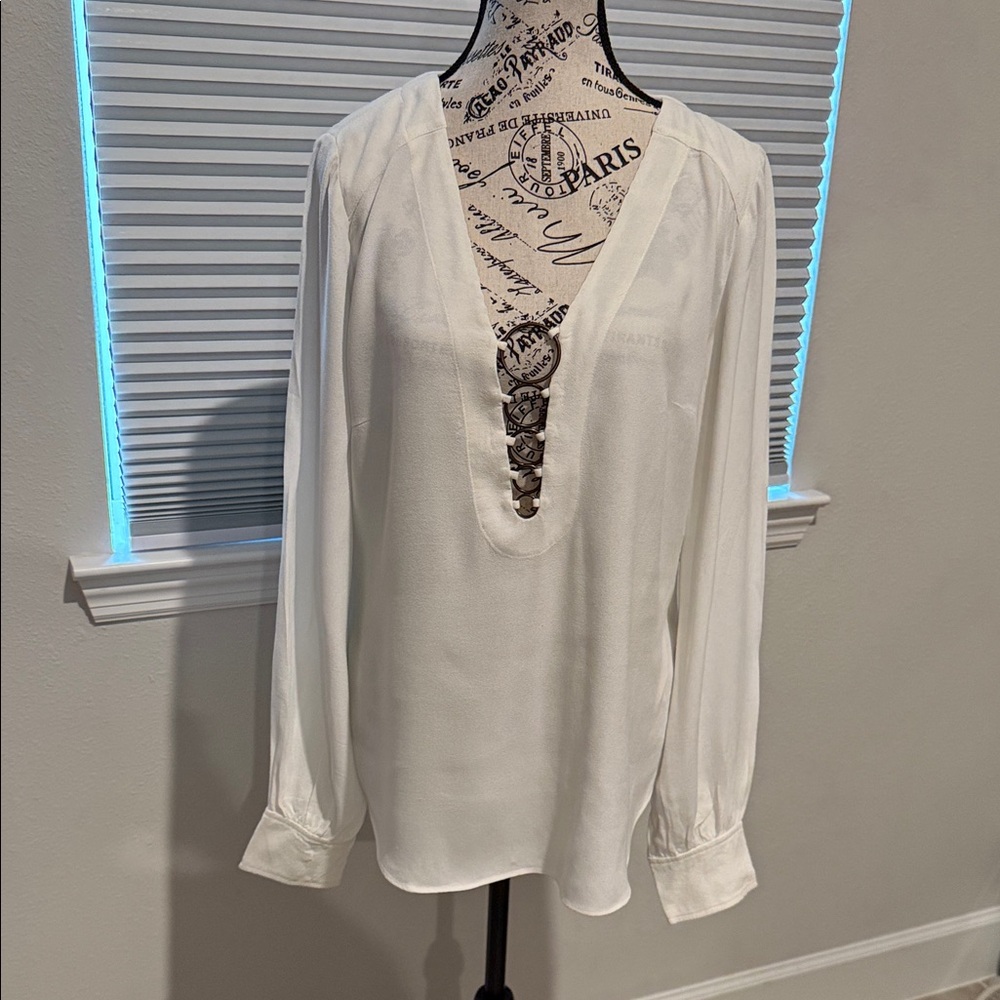 Free People Ivory V-Neck Lace-Up Long Sleeve Blouse